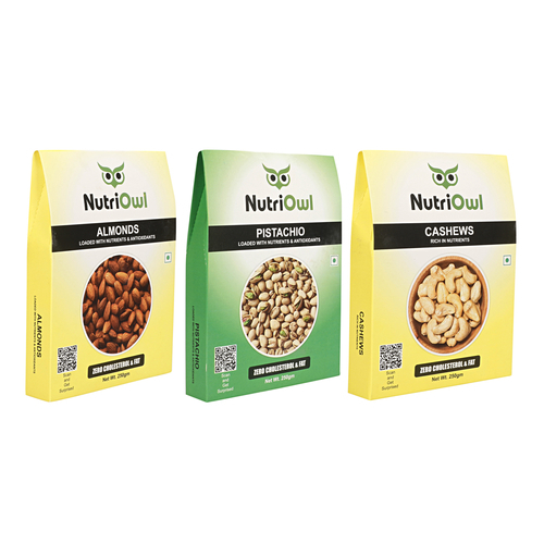 NutriOwl Dry Fruit Combo - Premium California Almonds, Cashew and Pistachio filled with Fiber and is Gluten Free (750g)