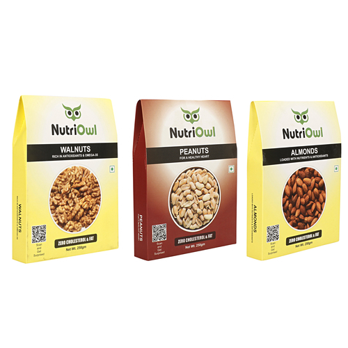 NutriOwl Dry Fruit Combo - California Almond, Walnuts and Peanuts filled with Fiber and Antioxidants (750g)