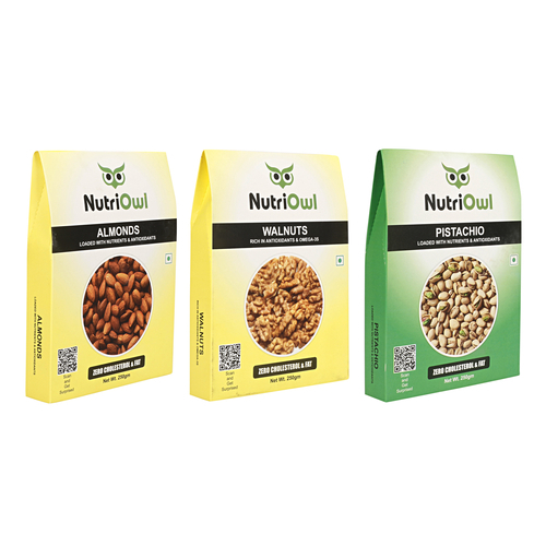 NutriOwl Dry Fruit Combo - California Almond, Walnuts and Pistachio filled with Fiber and Antioxidants (750g)