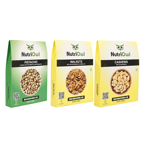 NutriOwl Dry Fruit Combo - Walnuts, Cashew and Pistachio filled with Fibers and Antioxidants (750g)